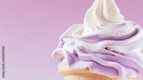 Close Up Vanilla and Lavender Swirl Soft Serve Ice Cream in Waffle Cone