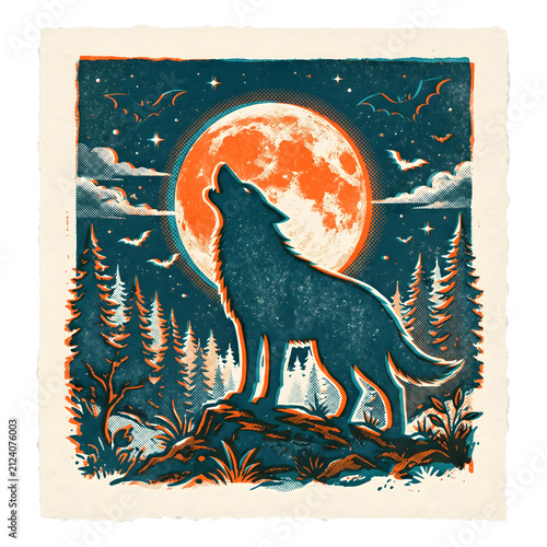 Wolf howling at full moon. Retro vintage illustration of a wild canine in a forest.