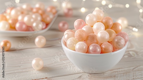 Colorful Pearlescent Gummy Spheres in White Bowl on Light Wooden Surface with Soft Lighting