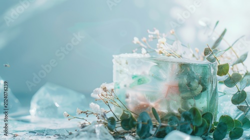 Elegant Transparent Glass with White Flowers and Eucalyptus Leaves on Ice Cubes in Soft Natural Light