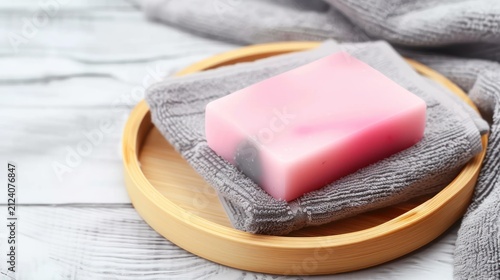 Pink and Gray Soap Bar on Gray Cloth in Wooden Dish for Skincare and Spa
