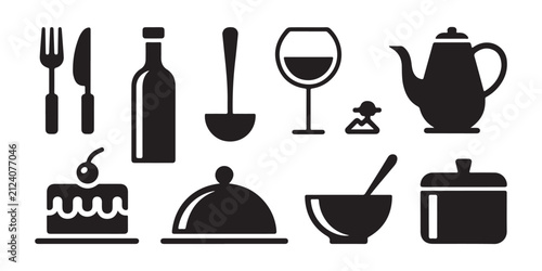 Canvastavla Culinary service icons featuring wine bottle ladle teapot cake platter and assorted kitchen tools