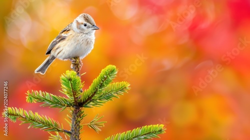 Small Brown Songbird Sitting on Green Pine Tree Branch with Blurred Autumn Foliage
