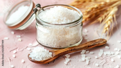 White Sea Salt in Glass Jar with Wooden Spoon and Wheat Stalks on Pink Surface