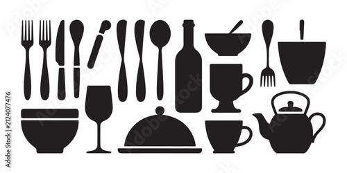 Canvastavla Kitchenware silhouettes collection featuring cutlery dishes and drink containers on transparent