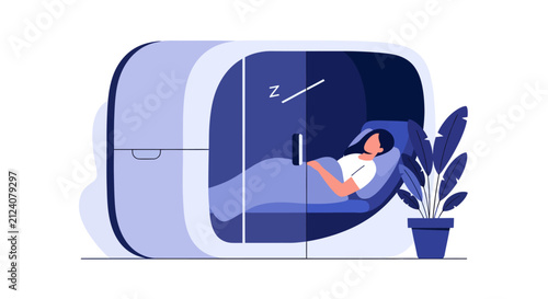 Woman Sleeping in Futuristic Capsule Pod Illustration - Modern Technology and Workplace Wellness Concept