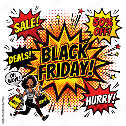 Black Friday sale comic pop art design. Excited woman shopping with bags on isolated background.