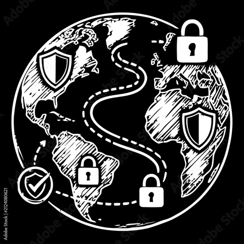 Global Secure Money Transfer Chalkboard Hand Drawn Vector Illustration with World Map, Shield Protection and Locked International Financial Transaction Network