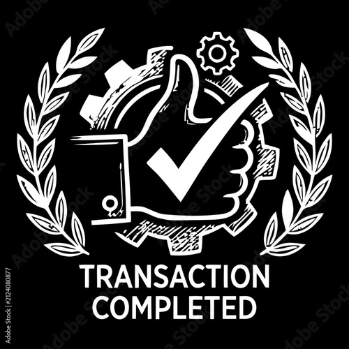 Transaction Completed Chalkboard Hand Drawn Vector Illustration with Check Mark, Wallet, Laurel Wreath and Successful Digital Banking Payment Confirmation