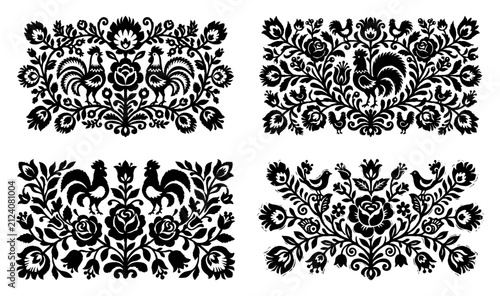 Polish folk art ornaments with roosters and floral patterns in traditional wycinanki style