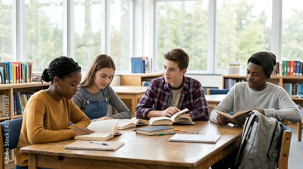 Obraz premium Diverse group of teenagers studying together in a library classroom with books and shelves in the background