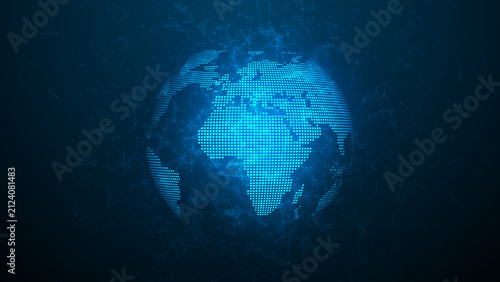Digital glowing blue 3D planet Earth sphere map with polygon mesh lines and data dots on dark background. Global network communication, futuristic technology, world business, big data concept