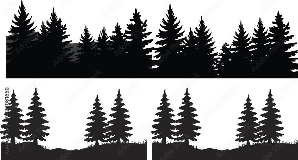 Obraz premium Pine Forest Silhouette Border Collection with Evergreen Trees Landscape Vector Set Isolated on White