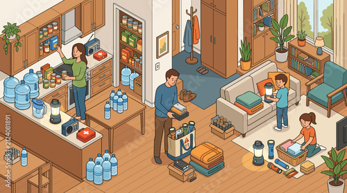 A family prepares for emergencies in their home, organizing canned food, water bottles, flashlights, and survival gear to be ready for potential power outages or natural disasters.