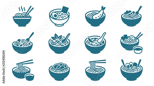 Asian noodle bowl and ramen soup icons.