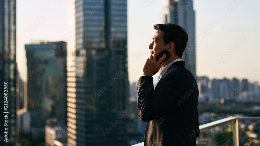 Fototapeta premium Asian businessman phone call office building city skyline business smartphone Confident asian businessman talking smartphone