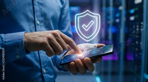 Man using smartphone with digital security shield icon
