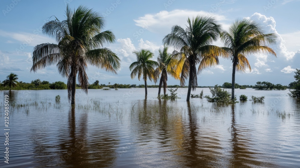 Fototapeta premium Palm Trees Partially Submerged in Floodwaters Under Cloudy Sky