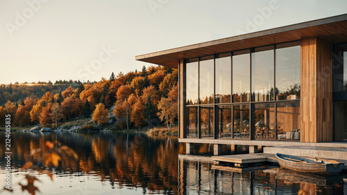 Modern glass-walled cabin with panoramic forest views in autumn surrounded