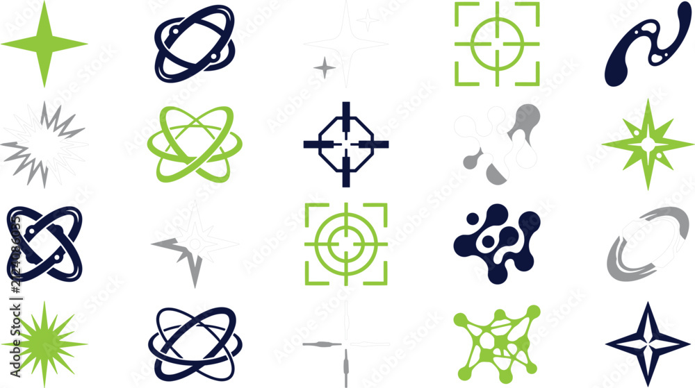 Fototapeta premium Vector modern y2k abstract geometric starburst target crosshair orbital icon set collection in green black grey colors