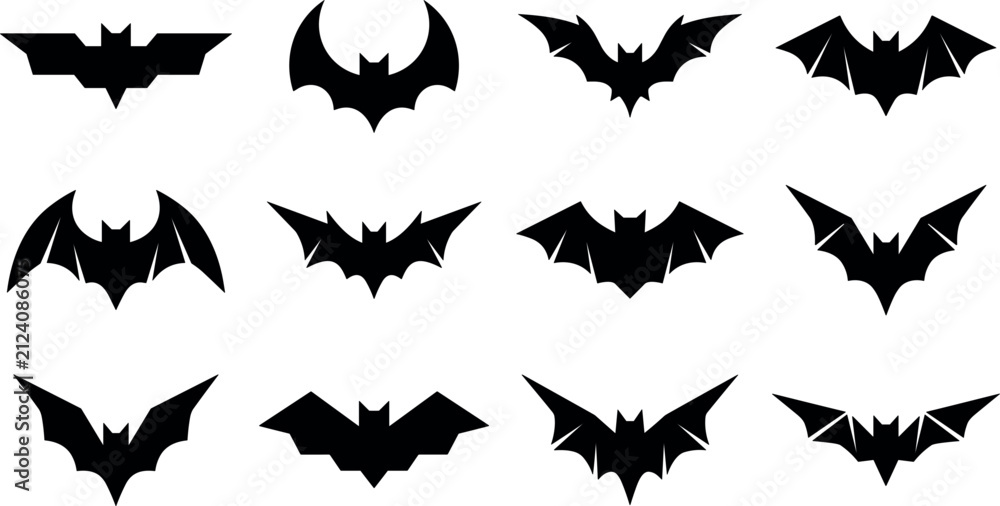 Fototapeta premium Vector black geometric and sharp flying bat silhouette icon set for spooky halloween party logo and decor design