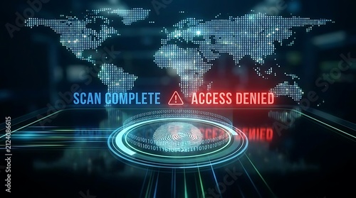 Digital security interface with fingerprint scan and world map