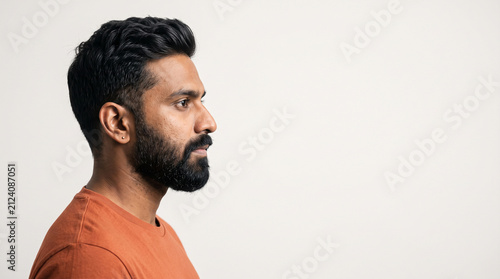 Indian Man Profile Looking Away Studio Backdrop Serious Expression