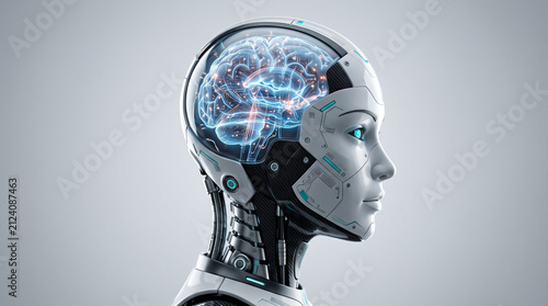 Female Android Processing Glowing Digital Brain Data Profile