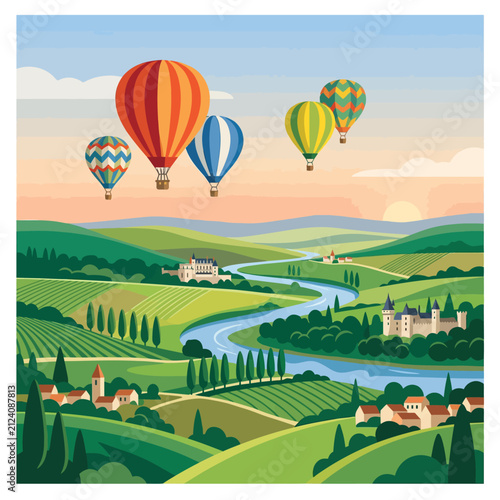 Hot air balloons flying over a scenic countryside landscape with castle