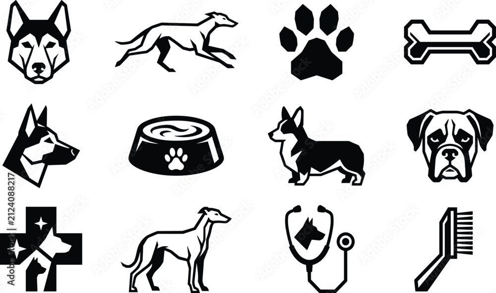 Fototapeta premium Geometric Black Dog Breed Silhouette Icon Vector Set with Veterinary Cross Medical Stethoscope and Pet Care Supply Branding Elements