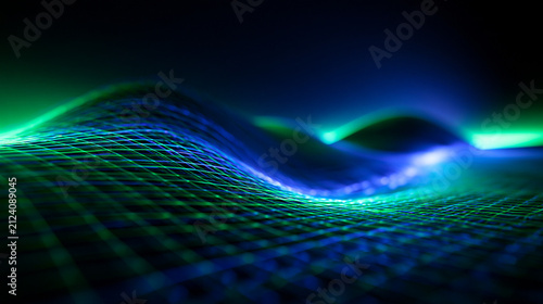 Futuristic Digital Data Grid Wave in Glowing Blue and Green