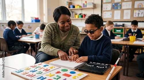 Teacher assisting a visually impaired student learning braille in a classroom with other children