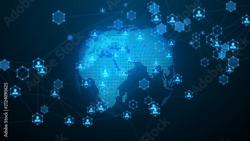 Global digital network visual featuring connected user profile icons and geometric honeycomb structures surrounding a glowing digital Earth map for technology, business and big data concepts