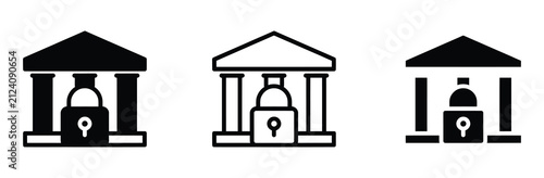 WebBank security vector icon set. Secure financial building, padlock protection vault, safe banking transaction, and money reserve line art illustration.
