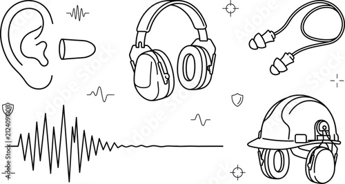 Obraz na plátně Hearing protection line icon vector set showing noise reduction earmuffs earplug