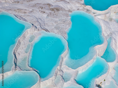  An aerial view of the Pamukkale Travertines. Pamukkale Travertines Drone Video, Pamukkale Denizli, Turkiye (Turkey)