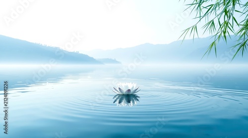 Lone white lotus blooms atop calm, reflective water