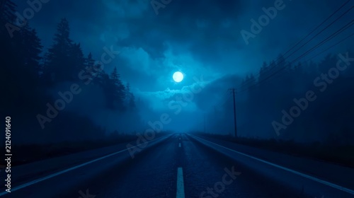 Misty road stretches under a glowing moon