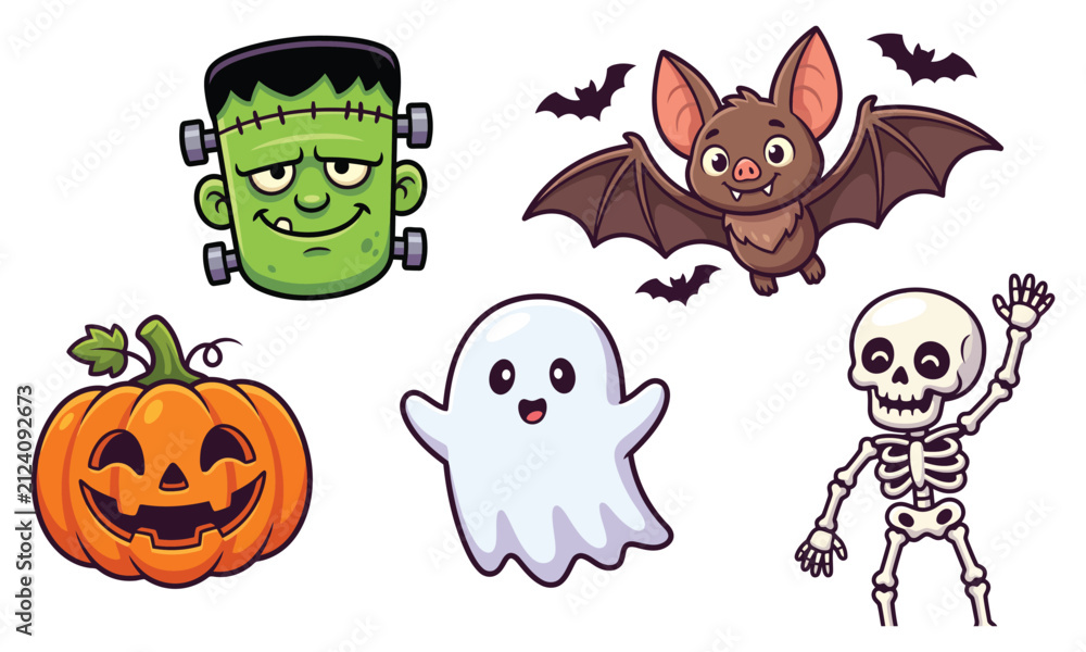Obraz premium Set of cute halloween characters, including frankenstein monster, bat, jackolantern pumpkin, ghost, and skeleton