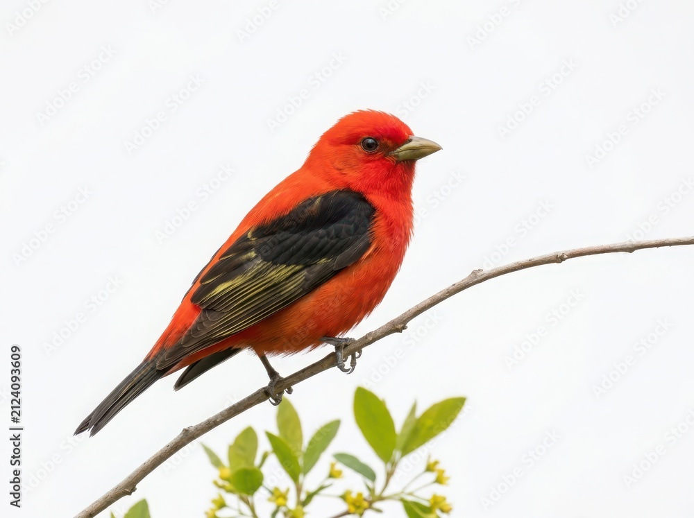 Obraz premium A vibrant scarlet tanager bird with bright red feathers and black wings perched on a thin tree branch with green leaves isolated on white background
