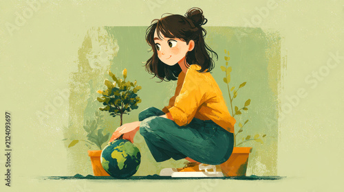 Girl works in the garden
