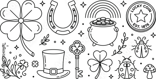 Bild auf Leinwand Saint Patricks Day line icon vector set showing clover shamrock horseshoe pot of