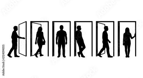 Silhouette Figures Entering and Exiting Open Doors, Diverse People Vector Set, Decision Making Concept, Opportunity and Choice