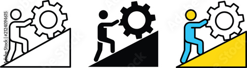 Foto Man pushing gear up hill vector icon set showing business motivation effort prog