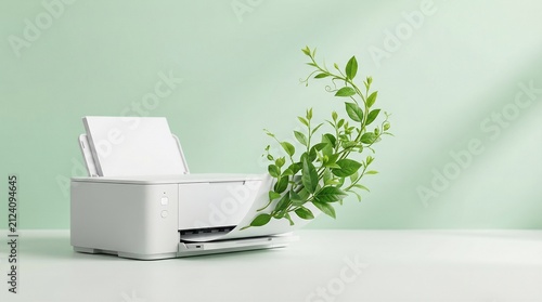White inkjet printer with lush green plant emerging, symbolizing sustainable and eco-friendly technology for responsible printing and a greener future