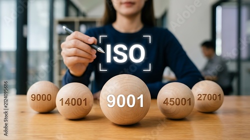Businesswoman selecting ISO certification standards. Professional choosing quality management.