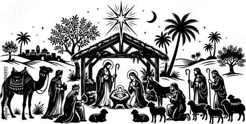 Bild auf Leinwand Holy Nativity of Jesus Birth Christmas Engraving Vector Scene