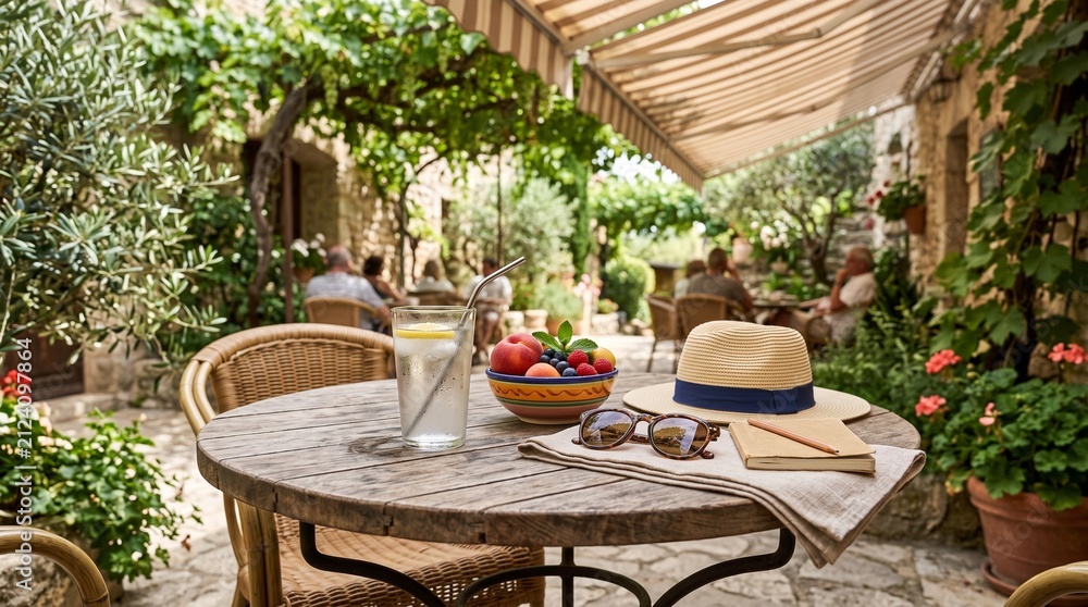 Fototapeta premium Relaxing outdoor cafe table with fruit, drink, hat, sunglasses, and notebook in a sunny European courtyard