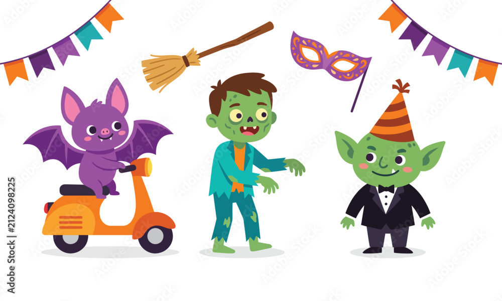 Fototapeta premium Cute halloween characters set, funny bat on scooter, little zombie, goblin in suit, witch broom and masquerade mask, festive bunting flags