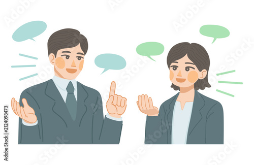 商談をしているスーツ姿の男性と女性のイラスト